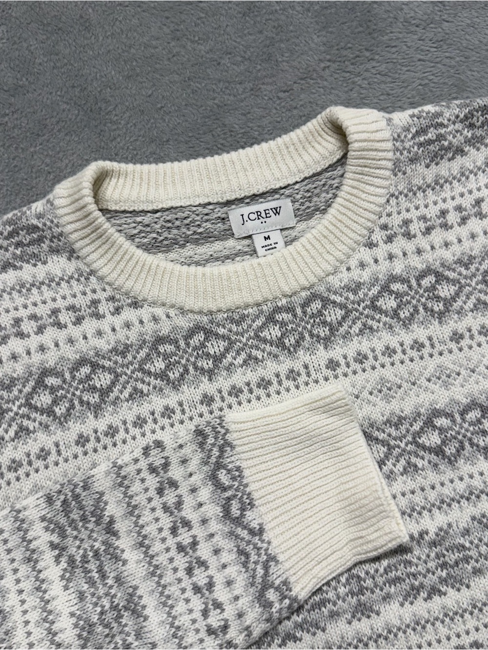 J.Crew Womens Medium Fair Isle Sweater Nordic Gray Ivory 100% Cotton Crewneck